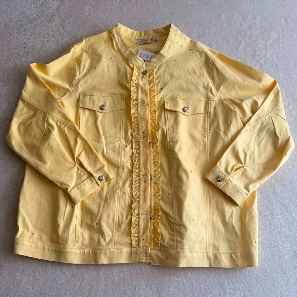 New Quacker Factory Size 3X Yellow Denim Jacket Rhinestone Ruffle Button Plus - Picture 1 of 11